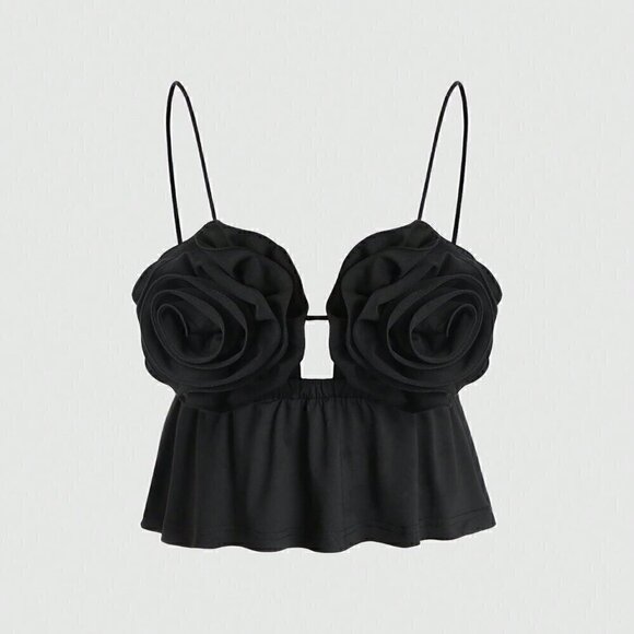 Black Sexy Women's Hollow Out Front Tank Top With 3d Flower Decor - Picture 1 of 4